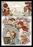 Pack of 'Olivia's Christmas Tales' ephemeris stickers by Karin Ulpis, featuring illustrated children, a snow globe, a mouse, a mug, and holiday ornaments on a cream-colored backing card.