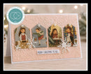 A handmade Christmas greeting card with a light pink embossed background, four illustrated holiday-themed tag panels showing children in winter clothing, white snowflake cutouts, and the text 'MERRY CHRISTMAS TO ALL.
