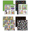 A set of Halloween-themed craft papers and patterned sheets arranged in a grid on a white background. The designs feature spooky illustrations of pumpkins, ghosts, witches, and various black-and-white patterns including spiderwebs and eyeballs.