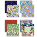 A set of Halloween-themed patterned paper sheets arranged in a 2x3 grid on a white background. The designs include a dark purple starry night pattern, a purple pattern with musical instruments and ghosts, a red striped pattern, a green pattern with eyeballs, and a colorful haunted house scene with a black cat.