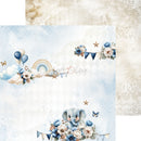 Children's decorative paper with a blue elephant, flowers, and balloons on a textured background