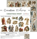 A flat lay of a scrapbooking paper extras set titled 'Creative Extras Christmas Night' by Craft with a clock. The sheet displays multiple vintage-style Christmas illustrations of figures in robes, a stable, and a shepherd, along with text detailing the set's contents in Polish and English.