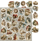 A sheet of die-cut vintage-style illustrations showing multiple scenes of figures in robes, likely religious or historical figures, arranged on a light gray background.