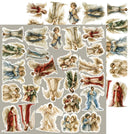 A sheet of vintage-style angel stickers or decoupage cutouts arranged on a light gray background. The illustrations show multiple angels in flowing robes with large wings, rendered in soft pastel tones including cream, beige, blue, red, and green.