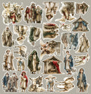 A sheet of vintage-style illustrated stickers or decoupage elements featuring religious figures, animals, and small rustic structures on a light gray background.
