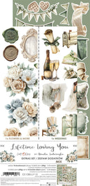 Collection of wedding-themed stickers with flowers, frames, and other decorative elements on a white background.