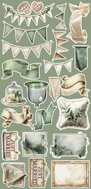 Collection of decorative elements including banners, ribbons, and frames on a green background