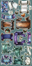 Decorative elements including banners and hearts on a teal background