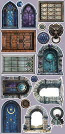 Collection of fantasy-themed architectural elements on a gray background