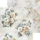 Decorative paper with floral wreaths and lace on a textured background