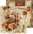 A vintage-style floral paper design sheet with layered aged newspaper textures, handwritten notes, and a large bouquet of warm-toned flowers including tan, peach, cream, and muted green leaves. The sheet is shown slightly offset over a matching patterned backing sheet.