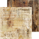 Two square scrapbooking paper sheets with a distressed, vintage aesthetic. The sheet on the left features a collage of aged beige and yellow paper with stamps, numbers, and torn paper textures.