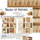 A paper craft scrapbook set package titled 'Shades of Nature' by Renata Ludwikowska, showing a kraft-paper textured background and a central card with sample patterned papers and floral designs.