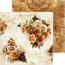 Two decorative paper sheets with a vintage floral design, featuring cream, tan, and rust-colored flowers on a distressed beige background, with one sheet showing a gold damask pattern.