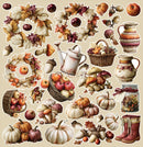 A collection of autumn-themed stickers or decals featuring pumpkins, apples, acorns, mushrooms, leaves, baskets, a watering can, a pitcher, and red boots on a light beige background.