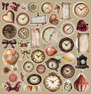 A collage of vintage-style decorative stickers and clipart elements on a beige background, including multiple clock faces, old-fashioned watches, bows, ribbons, banners, balloons, a clock tower, and floral motifs.