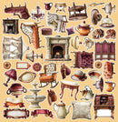 A collage of vintage-style illustrated furniture and home decor items on a warm beige background, including chairs, tables, lamps, teapots, a fireplace, a fountain, and decorative frames.