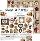 A product sheet for a craft embellishment set titled 'Shades of Nature' by Renata Iwanowska, featuring 24 vintage-style designs including clocks, flowers, hearts, frames, lanterns, and hot air balloons on a cream background.