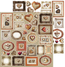A sheet of vintage-style heart and picture frame collage stickers on a light beige background, featuring multiple ornate frames, heart illustrations, and empty frame outlines in warm neutral tones.