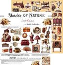 A decorative craft paper sheet titled "Shades of Nature" by Renata Iwernicka, featuring vintage sewing machines, sewing needles, floral arrangements, and illustrated figures in coordinated muted pink, brown, beige, and rust tones on a cream background.