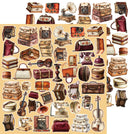 A sheet of vintage-themed decorative stickers or decals featuring an assortment of illustrated objects including stacked suitcases, handbags, cameras, gramophones, telephones, violins, and other retro items in warm muted tones on a beige background.
