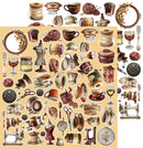 A sheet of vintage-themed craft paper or decoupage elements featuring illustrated sewing and tea motifs, including spools of thread, cups, plates, scissors, sewing machines, jars, and decorative frames on a warm beige background.