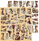 A sheet of vintage-style decorative stickers or cutout illustrations featuring multiple women in historical dresses and hats, shown upside down, arranged on a pale peach background.