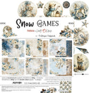 A craft paper sheet set titled 'Snow Games' by Kateryna Klymchukova for 'Friends in Craft & Clock'. The packaging displays various decorative winter-themed illustrations including a wooden carousel, snow globes, stars, and vintage clocks, alongside previews of the double-sided patterned papers.