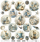 A collage of circular and irregular vintage-style illustrations in soft blue, beige, and brown tones, featuring winter and holiday motifs such as a snowman, owl, rocking horse, church, cabin, bird, deer, cup of hot cocoa, and decorative stars and flowers. The image appears to be a digital preview sheet for a craft or scrapbook design collection, with the text 'HAVE A HAPPY CREATING.