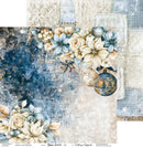 A scrapbook paper sheet featuring a vintage Christmas floral design in blue, cream, and beige tones, with distressed textures, snowflakes, ornaments, and layered paper elements.