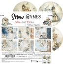 A printed paper craft pattern sheet titled 'Snow Games' by Craft O'Clock, showing multiple decorative paper designs with snowy floral scenes, a dog, a church steeple, and text describing the set.