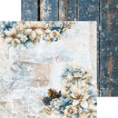 A square decorative paper or card design featuring a distressed winter floral arrangement in cream, pale blue, and beige tones, layered over a rustic blue wood plank background with snowflake texture. The brand name 'Craft with a Clock' appears near the center.