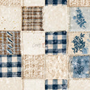 A close-up of a patchwork fabric design featuring various textured and patterned squares in cream, beige, navy blue, and light blue. The designs include gingham, floral prints, knit textures, and subtle gold glitter accents.