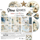 Snow Games Friends by Craft O'Clock 2024 scrapbook paper pack cover, featuring vintage illustrations of winter scenes, snow, stars, lanterns, and floral motifs in a beige, blue, and white palette.
