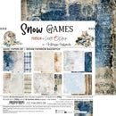 Snow Games Friends for Craft O'Clock paper pack packaging and preview of 24 double-sided scrapbooking papers in a blue, beige, and white distressed patterned set.