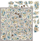 A sheet of floral stickers featuring delicate watercolor-style flowers in soft blue, cream, and beige tones, arranged on a gray backing with additional matching floral strips shown beside it.