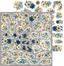 A sheet of decorative floral stickers featuring various bouquets of flowers in shades of blue, beige, and cream, arranged on a gray background with additional matching floral strips shown on the right side.
