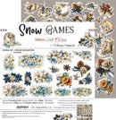 A decorative sticker sheet titled 'Snow Games' from Friends in Craft & Clock, featuring floral and winter-themed embellishments such as snowflakes, pinecones, dried orange slices, and vintage-style text on a light gray background.