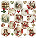A collage of circular vintage-style Christmas-themed graphics and textures on a white background, including children singing, a snowy cabin, red roses, ornaments, a snowman, a Christmas tree, hearts, stars, and decorative paper textures. Text at the bottom reads 'HAVE A HAPPY CHRISTMAS' with 'EXPLORE PASSION INSPIRE' and social handles.