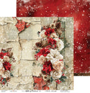 A double-sided scrapbook paper sheet featuring a distressed Christmas design. One side displays a vintage cracked-paper collage with cream roses, red poinsettias, pinecones, and book page text.