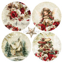 Four round vintage Christmas-themed prints arranged in a 2x2 grid with a central star logo. The designs include red and cream flowers with musical notes, a fairy among flowers, a snowy cottage with evergreen trees, and a teddy bear surrounded by gifts and red flowers.