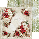 A square decorative card or scrapbook paper design with a vintage floral border in cream, red, and brown on an off-white lace-like background. The card is shown slightly offset over a matching patterned sheet with green and white floral/leaf textures.