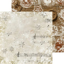A square decorative paper or scrapbook design sheet with a distressed cream background, musical notes on a staff, and scattered snowflakes, shown layered over a rustic brown wood texture with a small wooden clock.