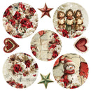 A collection of six circular and star-shaped vintage Christmas-themed decorative stickers or decals arranged on a white background. Designs include floral patterns in red and cream, three children singing, a snowman with a red scarf, cracked paper textures, and red hearts.