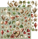 A sheet of vintage Christmas ornament stickers or decals on a pale sage green background, featuring illustrated baubles, stars, leaves, hearts, and bows in muted red, green, beige, and cream tones.