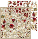 A sheet of vintage-style floral stickers featuring red poinsettias, cream roses, holly leaves, pinecones, cinnamon sticks, and dried citrus slices on a beige background.