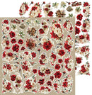 A sheet of decorative stickers featuring a vintage holiday pattern with red poinsettias, cream roses, pinecones, cinnamon sticks, and small birds on a beige background, with matching floral sticker strips shown above and to the right.