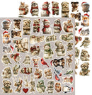 A sheet of assorted animal stickers featuring Christmas-themed characters like squirrels, foxes, owls, birds, and snowmen wearing red Santa hats and scarves, shown on a light gray background.