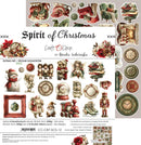 A Christmas-themed scrapbooking paper pack titled 'Spirit of Christmas' by Renata Ludwicka, featuring multiple vintage-style holiday illustrations, clocks, nutcrackers, snowmen, ornaments, and floral motifs on a white background with product details printed along the bottom.