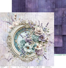 A decorative art print or scrapbook paper design featuring an ornate oval frame filled with pastel flowers in lavender, cream, and pale blue, set against a distressed light background. Purple textured panels appear along the right side and top edge, suggesting a layered paper or digital craft design.